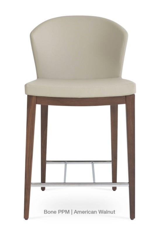 Capri High Back Counter Stool, Bone Leatherette, Dark Stained Wood Frame